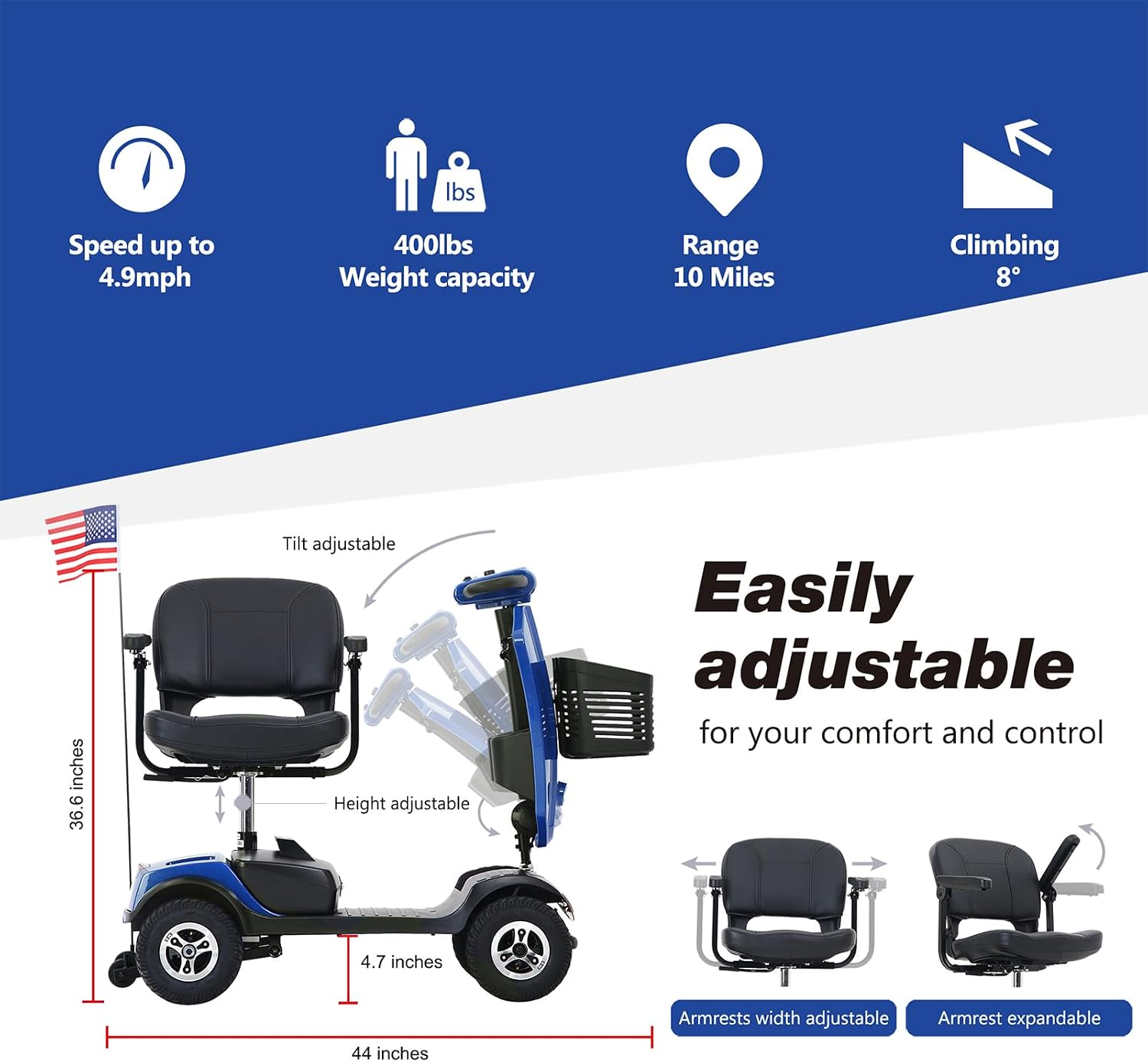 Mobility Scooters for Seniors & Adults 400 Lb Weight All Terrain,Heavy Duty 4 Wheel Foldable Powered Scooter,Portable Disability Mobile Electric Wheelchair,Luxury Seat and w/Led Lights,Blue