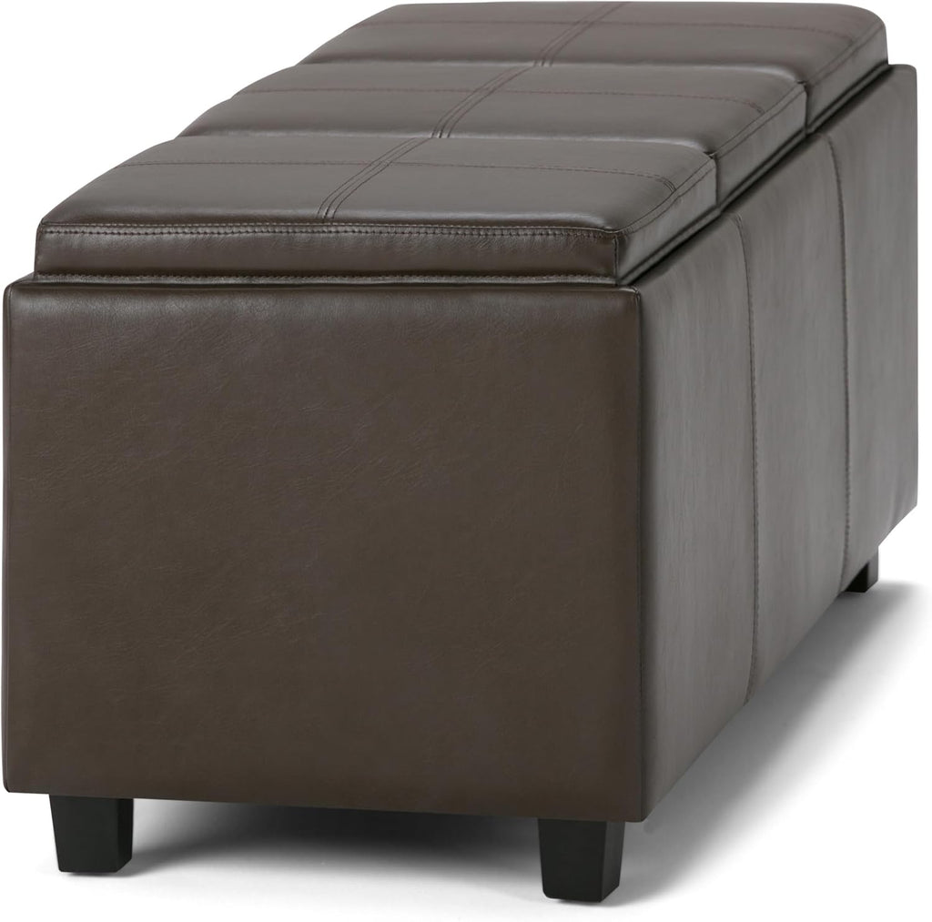 SIMPLIHOME Avalon Storage Ottoman - 42 inch Wide Upholstered Vegan Leather Rectangular Flip-Top Ottoman in Chocolate Brown, Contemporary Coffee Table Ottoman for Living Room with Hidden Storage