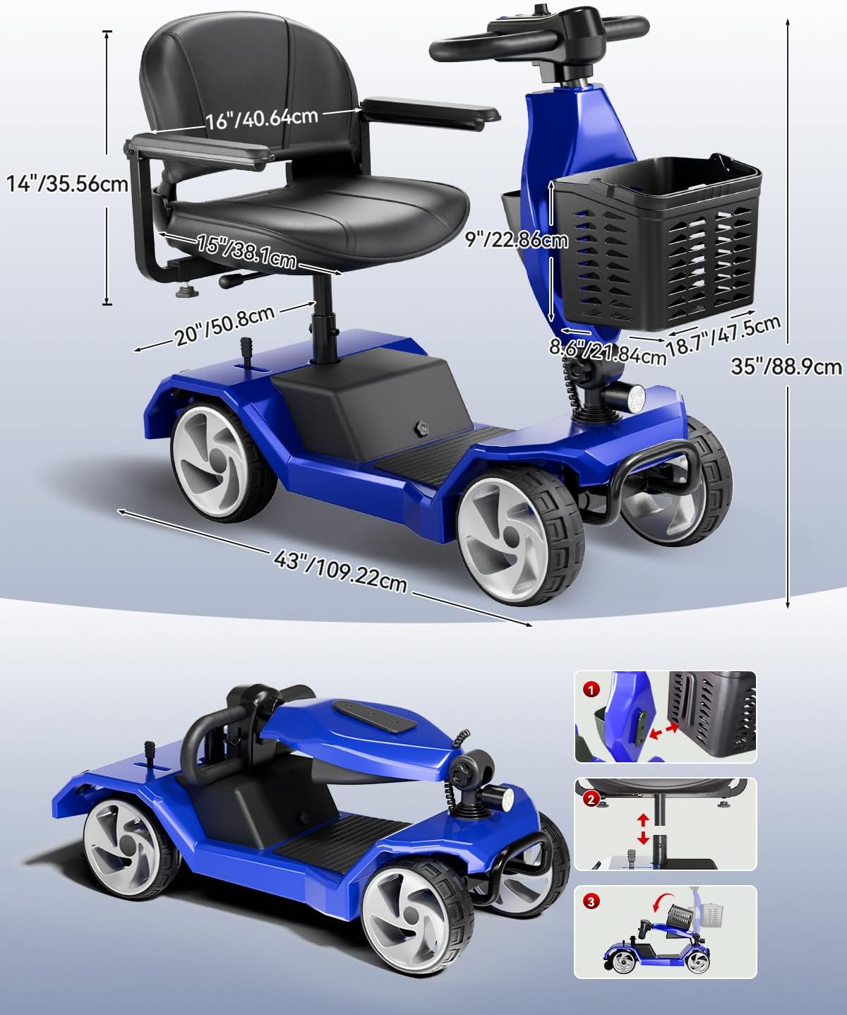 Foldable Mobility Scooters for Seniors,330LBS Capacity,15.5-Mile Range,4 Wheel Lightweight Mobility Scooters for Adults,Powered Electric Mobility Scooters,Folding Travel Motorized Scooters-Blue