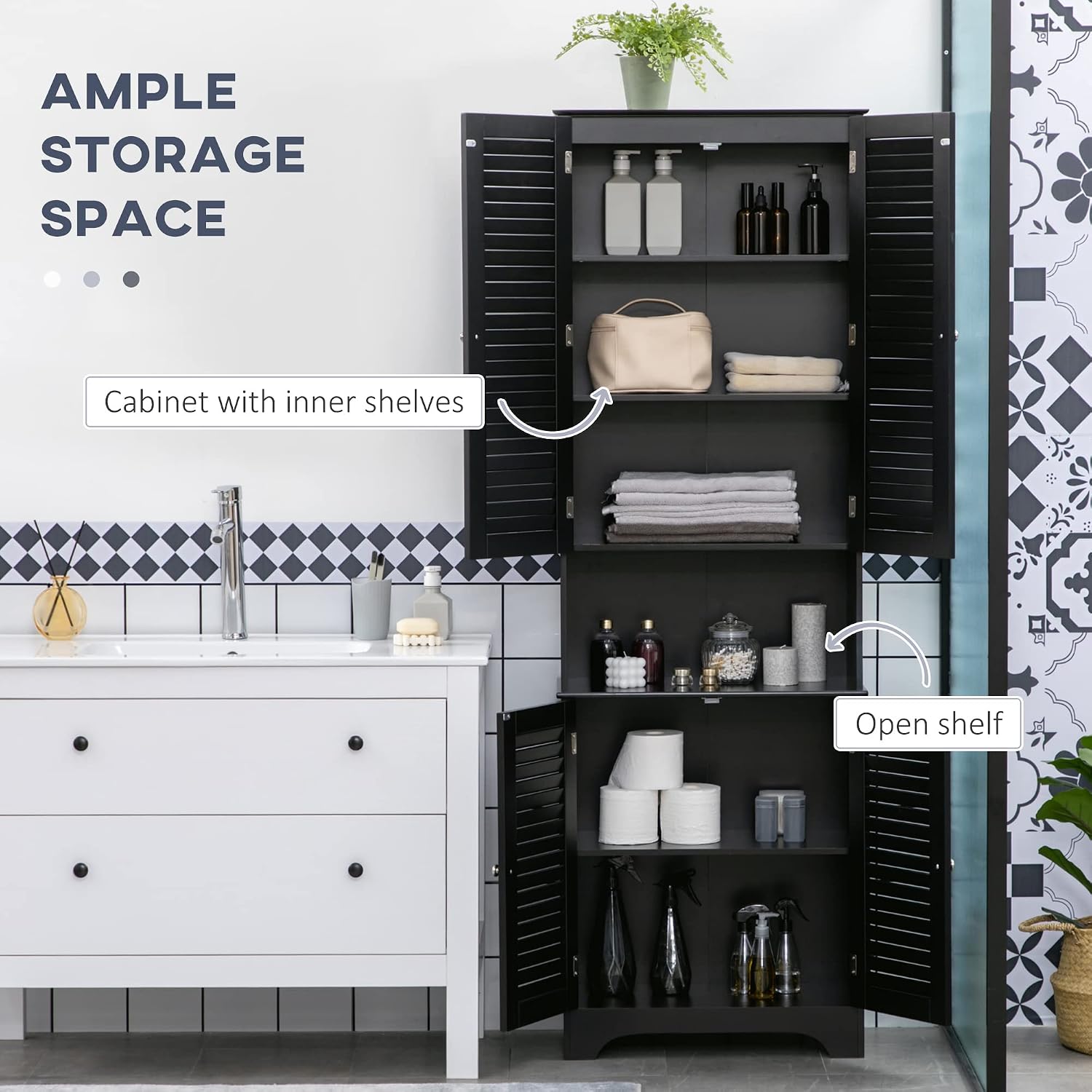 HOMCOM Tall Narrow Bathroom Storage Cabinet with Doors and Shelf Adjustability, Freestanding Linen Cabinet with 2 Cabinets and Countertop, Black