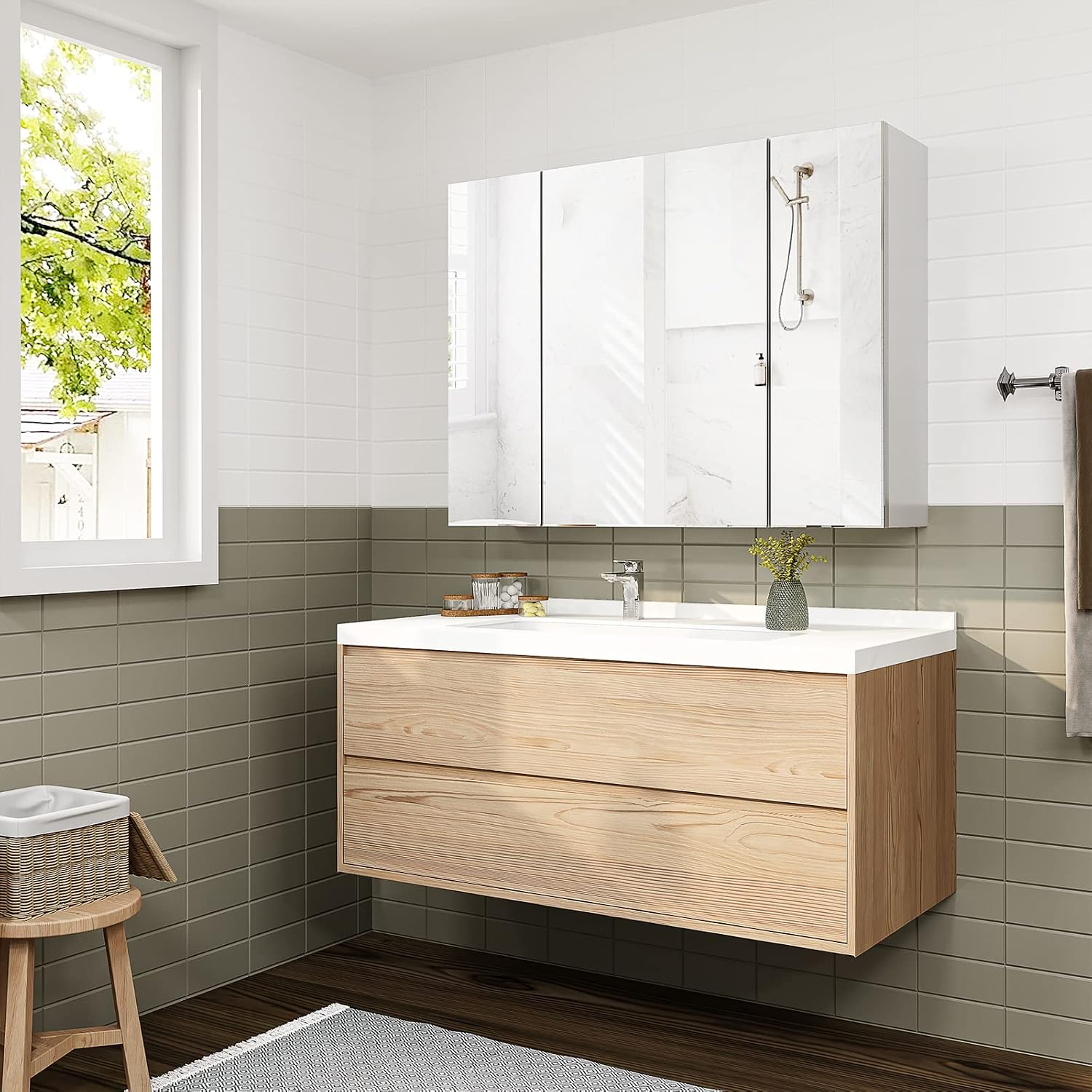 DICTAC Bathroom Medicine Cabinet with Mirrors 31.5x23.62 Inch Storage Cabinet with Mirror Wall Mounted Bathroom Mirror with Adjustable Storage Shelves and 3 Doors Mirror Medicine Cabinets for bathroom
