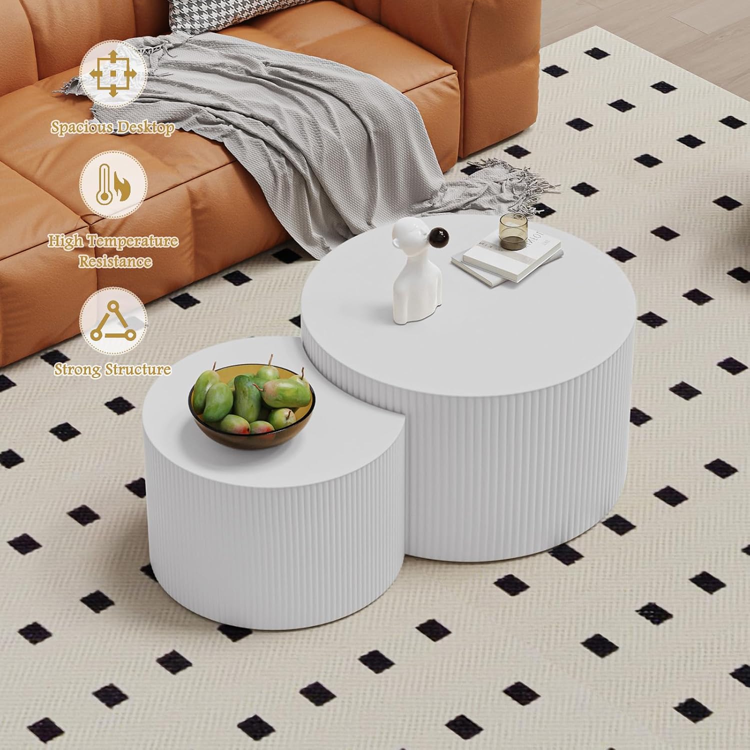 Round Coffee Table Set of 2 Modern Nesting Coffee Tables Wooden Drum Coffee Tables with Non-Slip Feet, Circle Nesting Tables End Table for Living Room Office, No Assembly (Cream 18.9'+14.96')