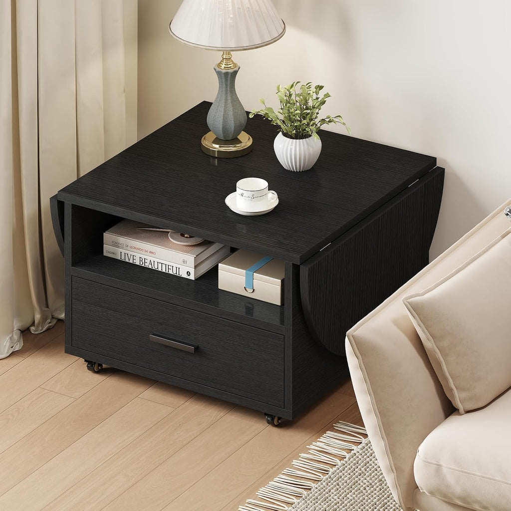 IBF Black Coffee Table with Drawer, Oval Foldable Center Table with Storage, Modern Wood Living Room Table with Wheels, Multifunctional Extendable Tea Table for Home Bedroom Office, Black Oak, 47 Inch