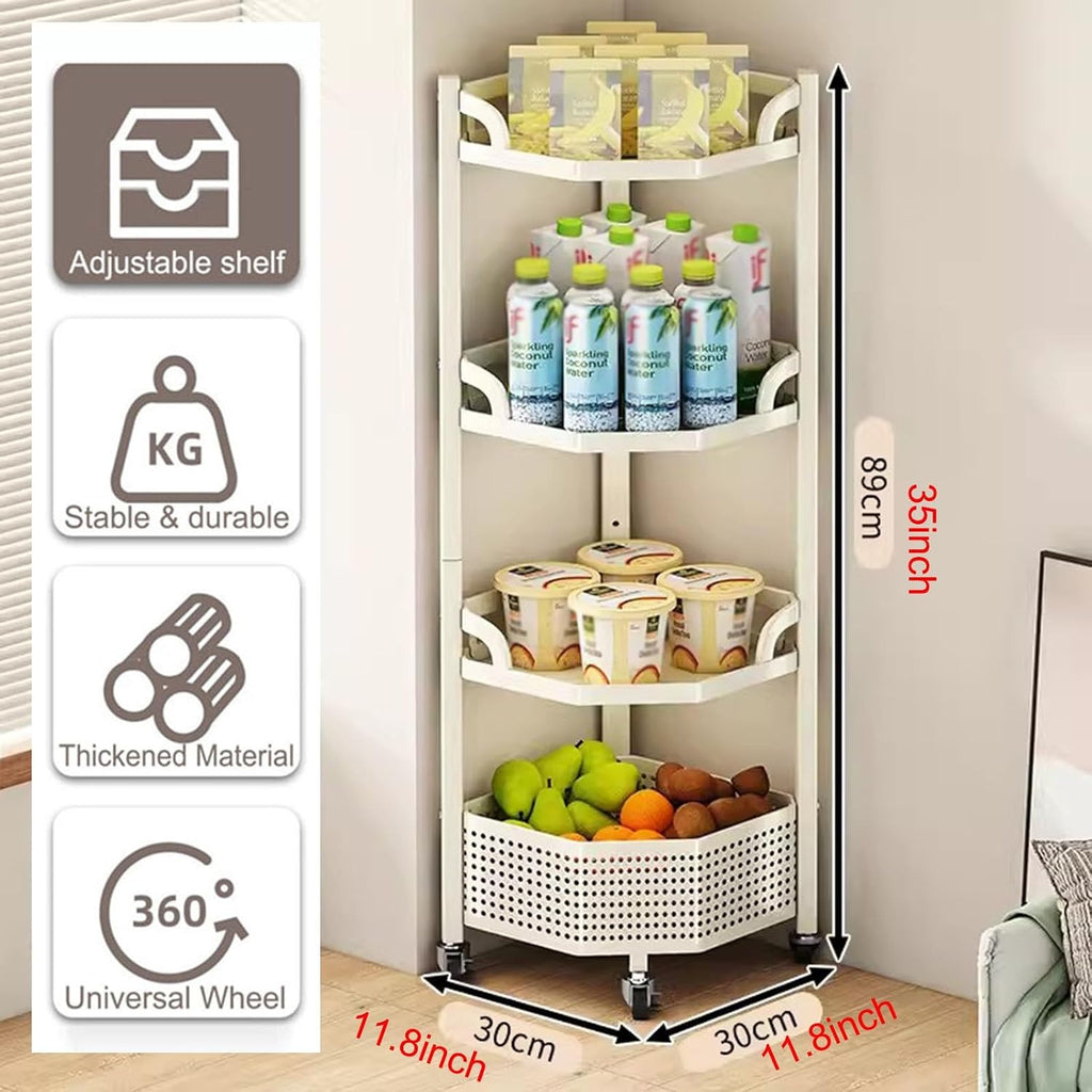 White Corner Shelf Stand, 4-Tier Corner Storage Rack, Corner Shelving Unit, Modern Display Shelf for Living Room, Bedroom, Kitchen (Color : with 1 Basket, Size : 4 Tier)