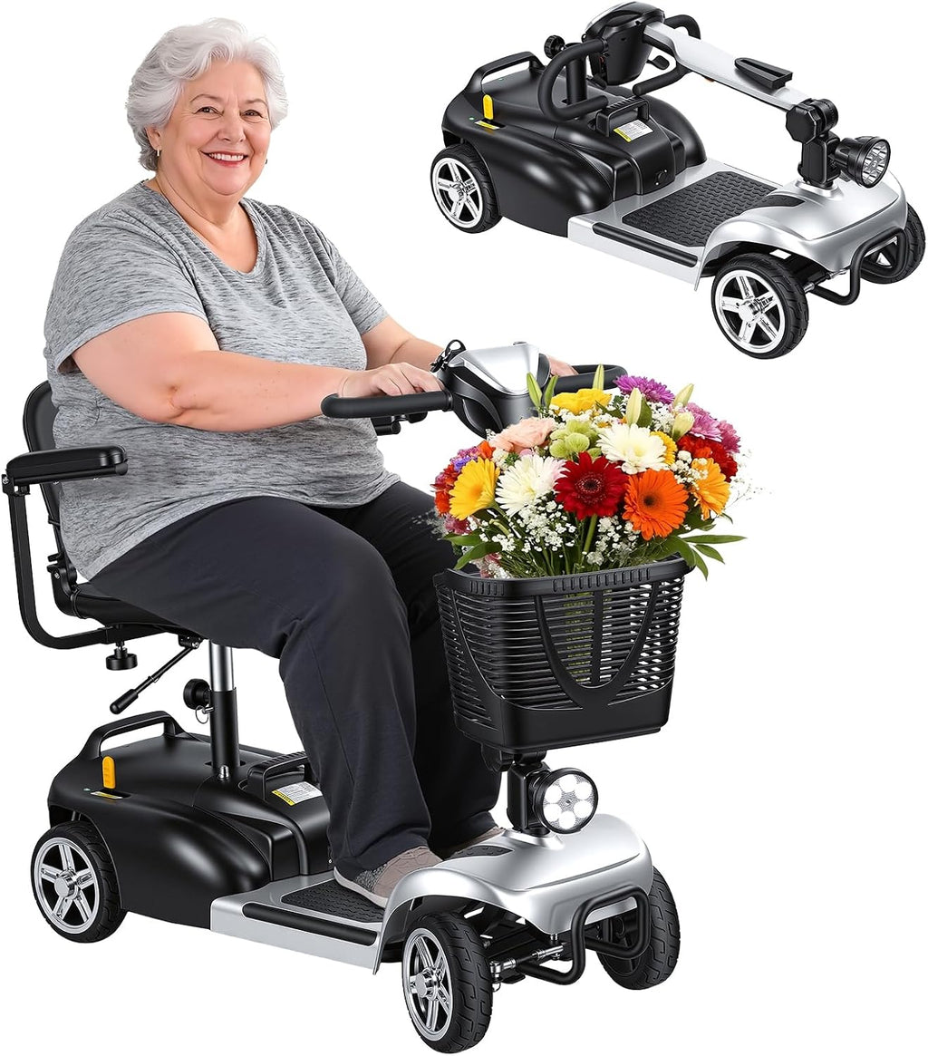 4 Wheel Mobility Scooter for Adults & Seniors, Lightweight Foldable Electric Powered Wheelc 5 MPH & 7.5 Miles Range, 265lbs Capacity, Portable Travel Scooter with Basket & LED Light US