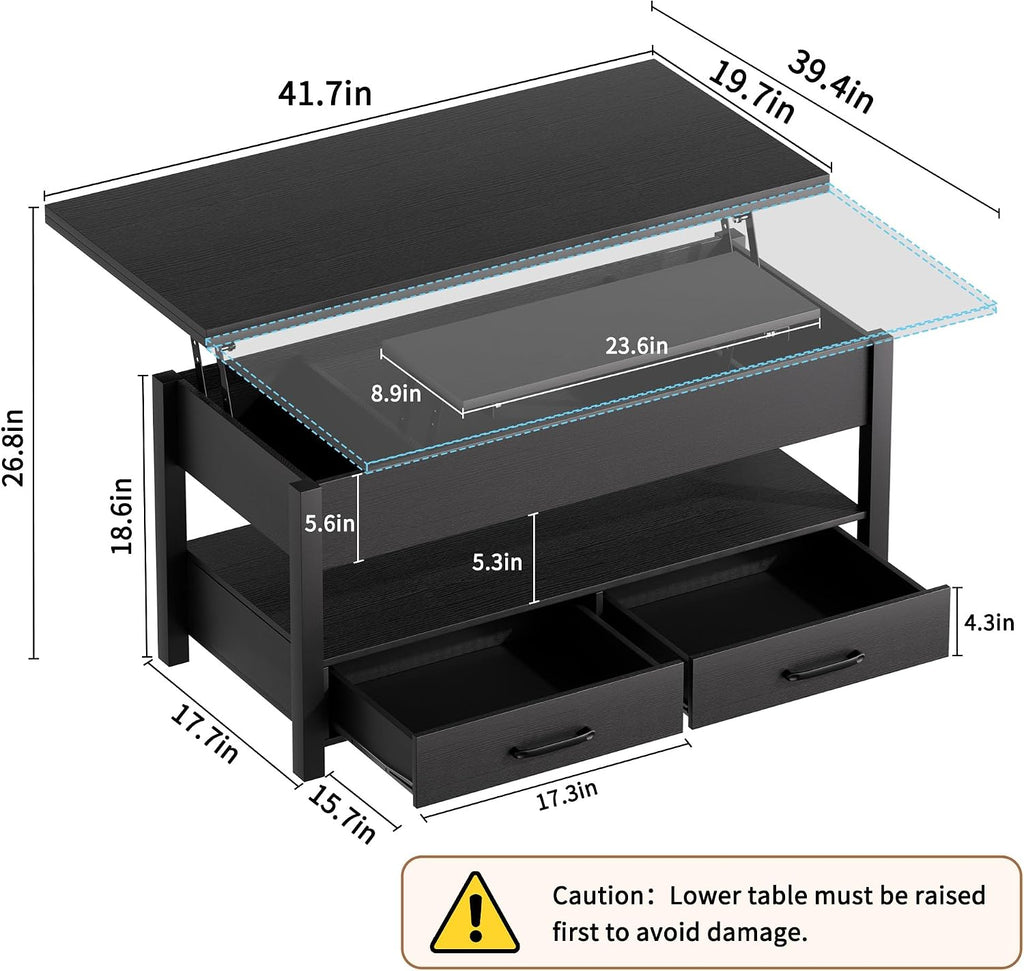 SYESWAY 42'' Lift Top Coffee Table, 4-in-1 Multifunctional Lift Coffee Table with Storage & Hidden Compartments, Farmhouse Coffe Table with Lifting top for Living Room, Dining Reception Room, Black
