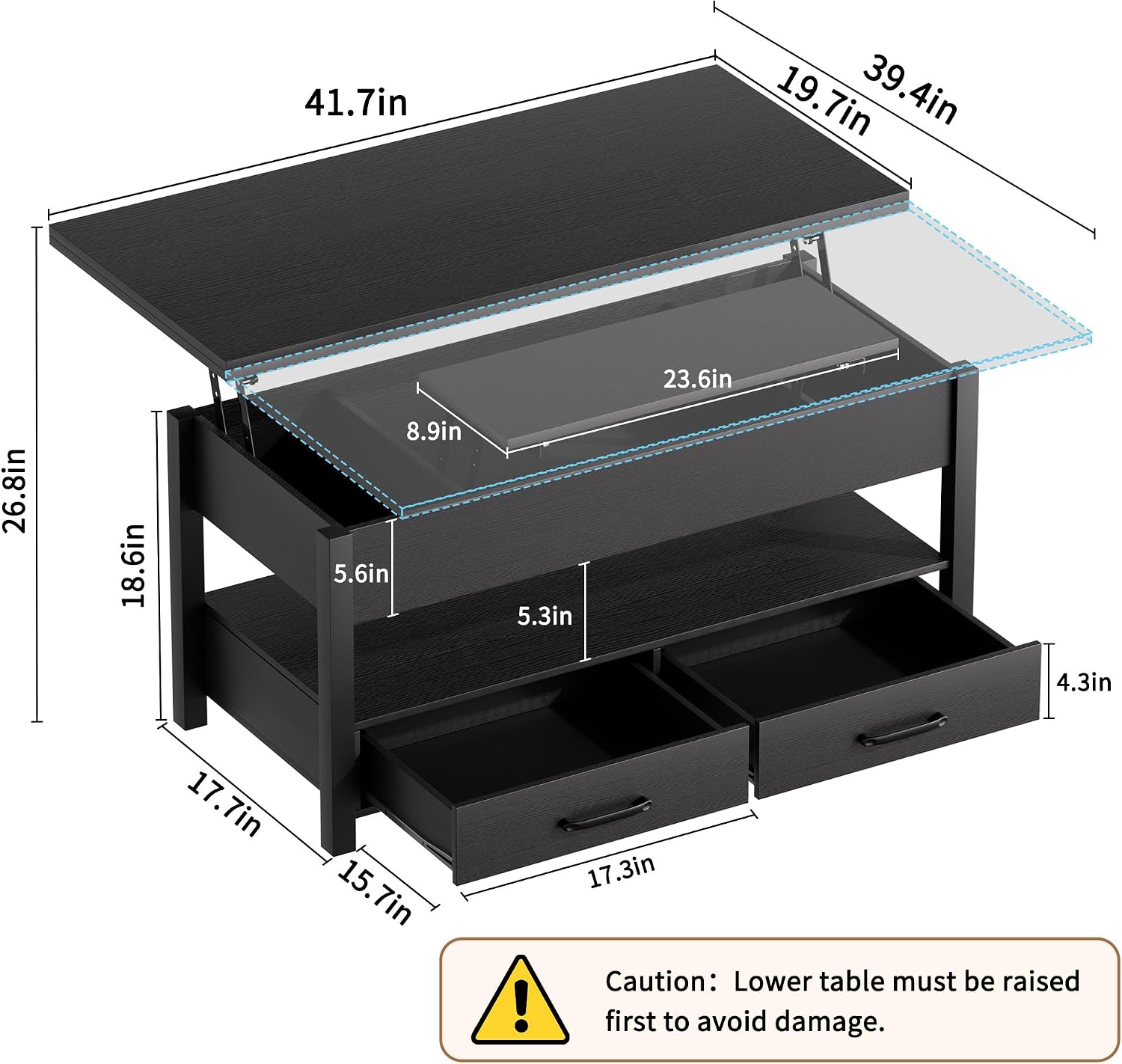 SYESWAY 42'' Lift Top Coffee Table, 4-in-1 Multifunctional Lift Coffee Table with Storage & Hidden Compartments, Farmhouse Coffe Table with Lifting top for Living Room, Dining Reception Room, Black