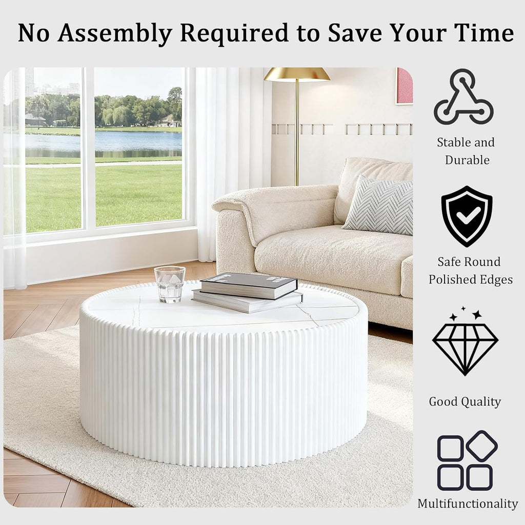 White Round Coffee Table with Sintered Stone Tabletop, 29.52' Drum Coffee Table with Fluted PU Leather Covered and Stable Base, Circle Cocktail Tea Table for Living Room