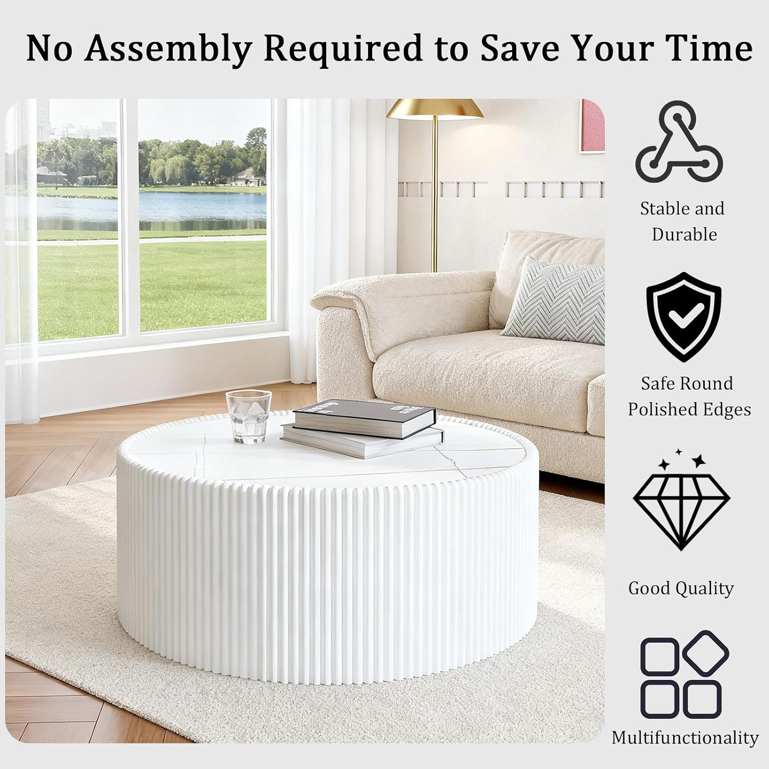 White Round Coffee Table with Sintered Stone Tabletop, 29.52' Drum Coffee Table with Fluted PU Leather Covered and Stable Base, Circle Cocktail Tea Table for Living Room
