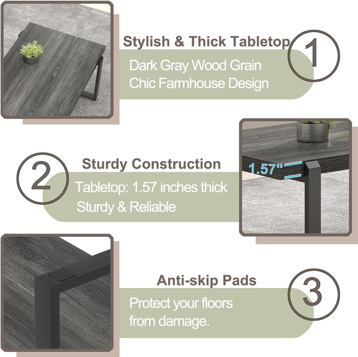 FOLUBAN Coffee Table, Modern Industrial Wood and Metal Center Table, Rectangle Cocktail Tea Table for Living Room, Dark Gray, 44 Inch
