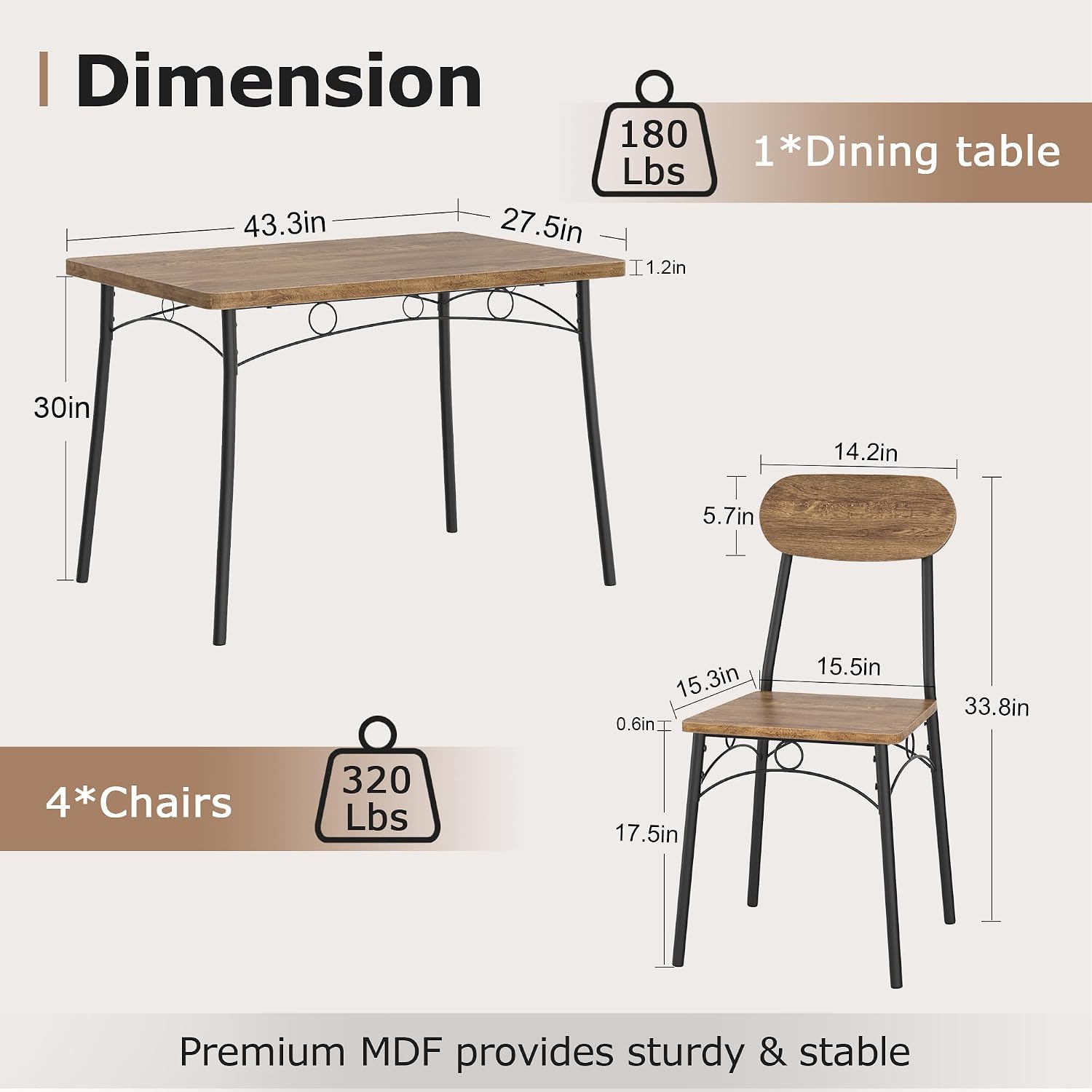 VECELO Dining Table Set for 4, 5-Piece Kitchen Table with 4 Chairs, MDF Board Tabletop with Metal Frame for Small Space, Compact Dinette, Breakfast Nook, Brown