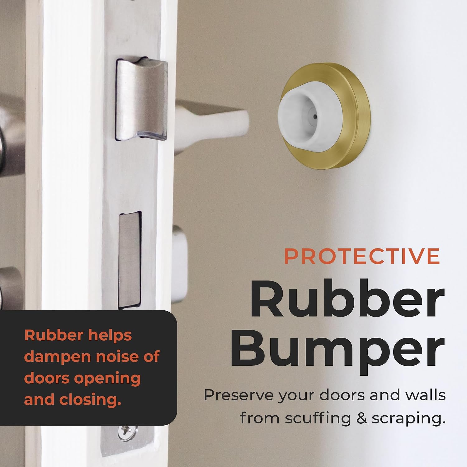 Stainless Steel & Rubber Wall-Mounted Door Stopper by NYCO Architectural Hardware- Heavy Duty Round Door Bumper for Wall & Door Protection- Modern Universal Door Slam Stopper (Satin Brass Grey Rubber)