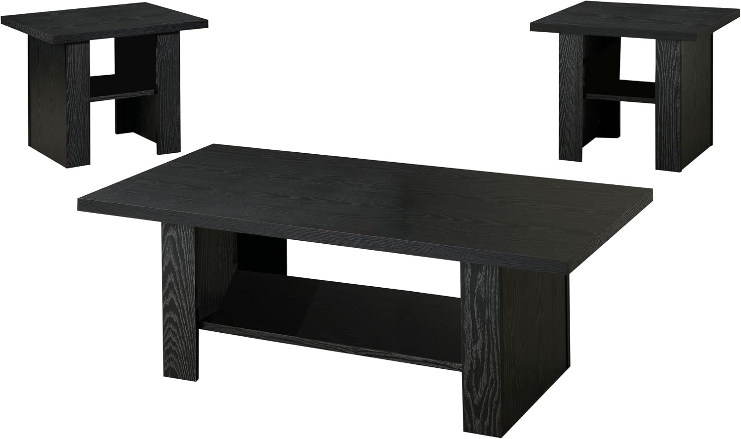 Bowery Hill 3 Piece Coffee Table Set, Black Oak Finish, Hollow Board and Particle Board Construction, Includes Coffee Table and 2 End Tables, Storage Shelves, Contemporary Style for Modern Living Room