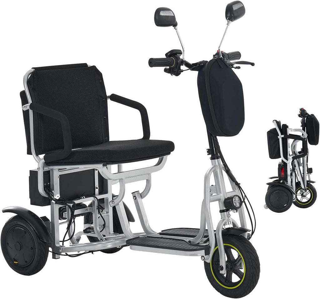 3-Wheel Folding Mobility Scooter Foldable Lightweight Electric Scooter for Adults & Seniors, Detachable Lithium Battery, Long Range 28 Miles, 3-Speed, with Turn Signal & Rearview Mirror (Silver)