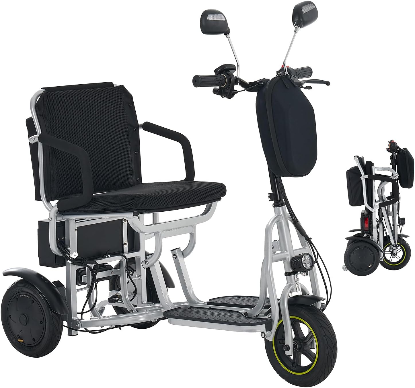 3-Wheel Folding Mobility Scooter Foldable Lightweight Electric Scooter for Adults & Seniors, Detachable Lithium Battery, Long Range 28 Miles, 3-Speed, with Turn Signal & Rearview Mirror (Silver)