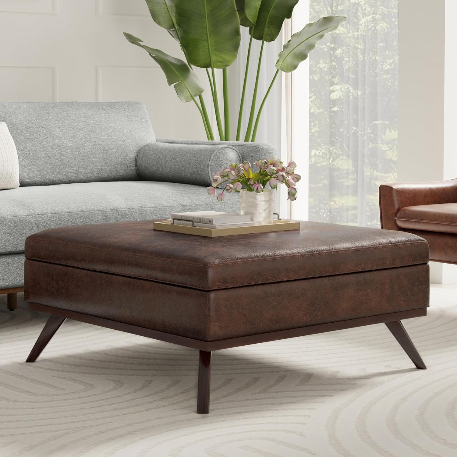 SIMPLIHOME Owen XL Square Coffee Table Storage Ottoman - 40 inch Wide Upholstered Vegan Leather Lift-Top Ottoman in Distressed Chestnut Brown, Mid-Century Modern Ottoman for Living Room with Storage