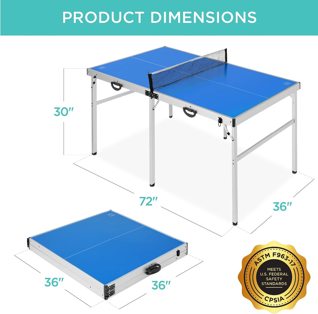 Best Choice Products Portable Ping Pong Table, Mid-Size Folding Indoor Outdoor Table Tennis w/ 2 Paddles, 4 Balls Included, Carrying Bag