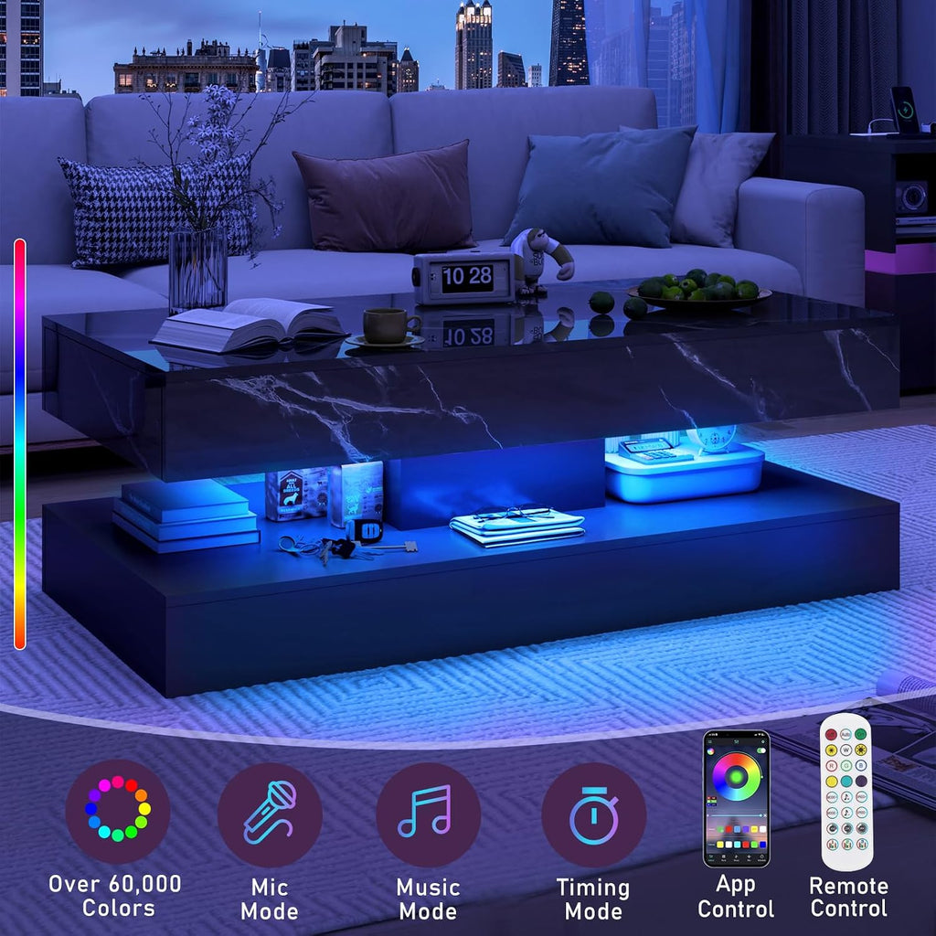 chartustriable 47.2' Large High-Glossy LED Coffee Table with 2 Sliding Drawers, Living Room Storage Coffee Tables with Marbling Print, Modern Stylish Double-Layer Center Tables w/LED Lights, Black