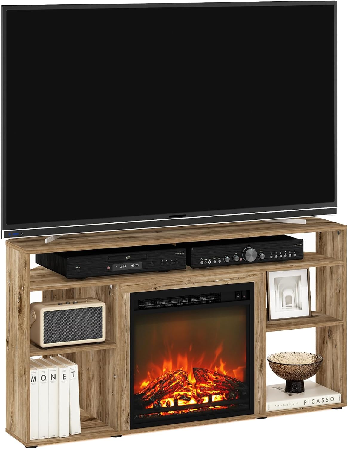 Furinno Jensen Fireplace TV Stand, Corner Entertainment Center, TV Console for TV up to 55 Inch with Fireplace, for Living Room, Bedroom, Flagstaff Oak