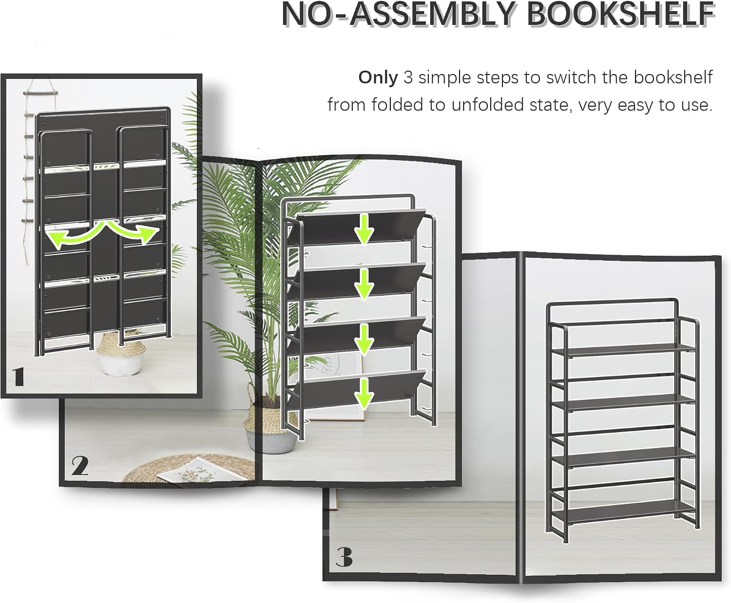 4NM No Assembly Extra Wide 4 Tiers Folding Bookshelf Storage Shelves Vintage Bookcase Standing Racks Study Organizer Home Office (All Black)