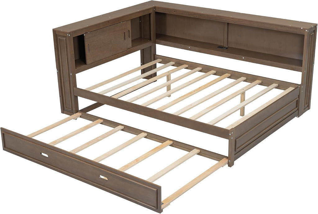MERITLINE Full Size Wood Corner Bed Frame with Storage Shelves and Trundle, Wooden L-Shaped Daybed Full with Storage Headboard, LED Lights & USB for Kids Teens Adults, Antique Wood Color