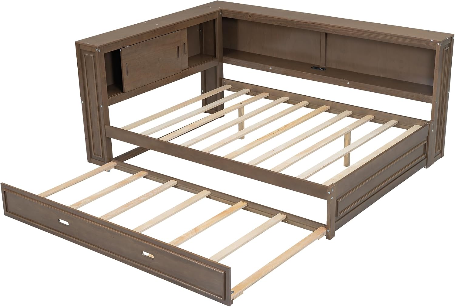 MERITLINE Full Size Wood Corner Bed Frame with Storage Shelves and Trundle, Wooden L-Shaped Daybed Full with Storage Headboard, LED Lights & USB for Kids Teens Adults, Antique Wood Color