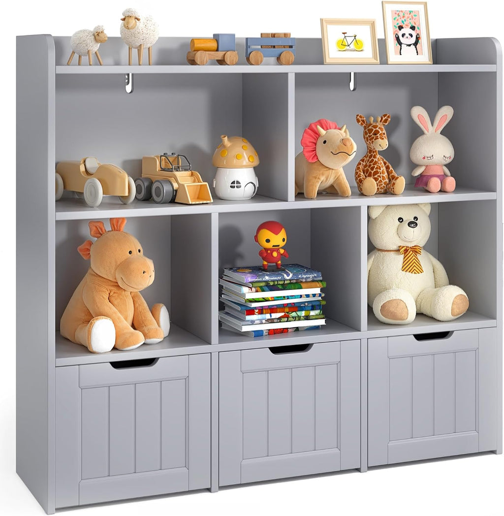 Gizoon Toy Storage Organizer with 3 Movable Drawers and 6 Open Shelves Kids Bookshelf Featuring Fall Prevention Barrier for Playroom Nursery Kids Room Organization, Gray, Painted
