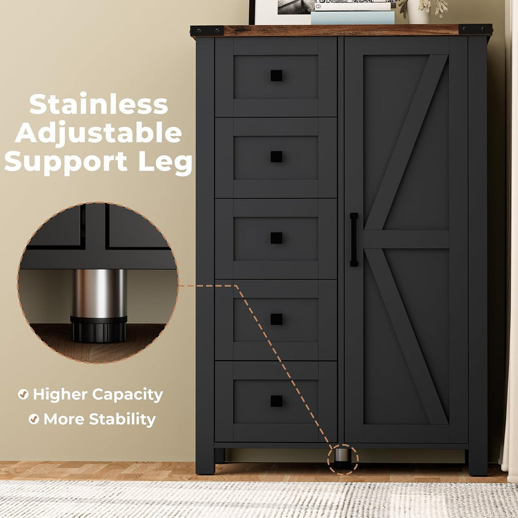 VVFLU Farmhouse White Dresser for Bedroom with 4 Drawers and 2 Barn Doors, Black Wood Chest of Drawers 47 Inch Wide, Large, Long, Adjustable Shelves, 5 Legs, Living Dining Room, Entryway, Hallway