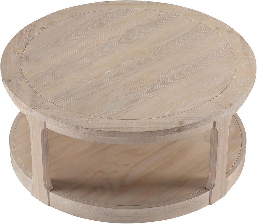 WILLIAMSPACE 40' Round Coffee Table with Wheels, Circle 2 Tier Solid Wood Center Coffee Table, Mid Century Retro Farmhouse Rounded End Table for Living Room Apartment, ø40 x 17.52' H (Oak)