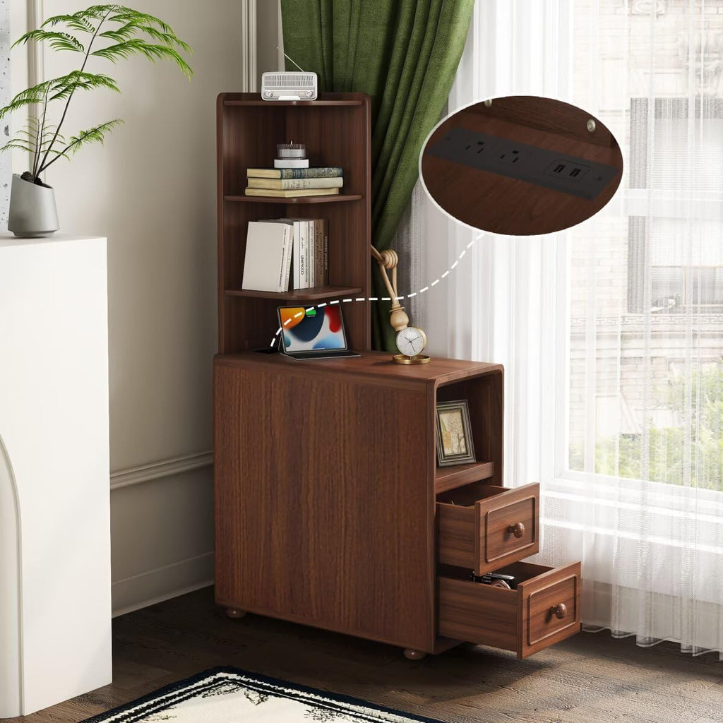 JIJIWANG Tall End Table with Drawers, 47.2' Corner Shelf Table with Open Storage, Narrow Side Table for Bedroom Living Room Small Space, Walnut