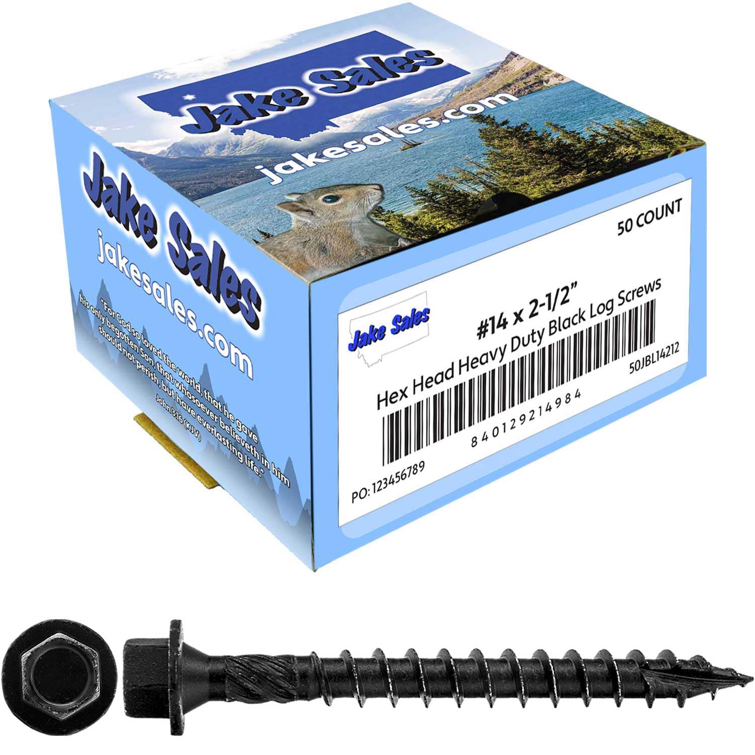 Jake Sales #14 X 2-1/2' Heavy Duty Black Timber/Log/Landscaping Wood Screws - Exterior Coated Heavy Duty Screws. Case of 42 x 50 Count Boxes - 2,100 Screws