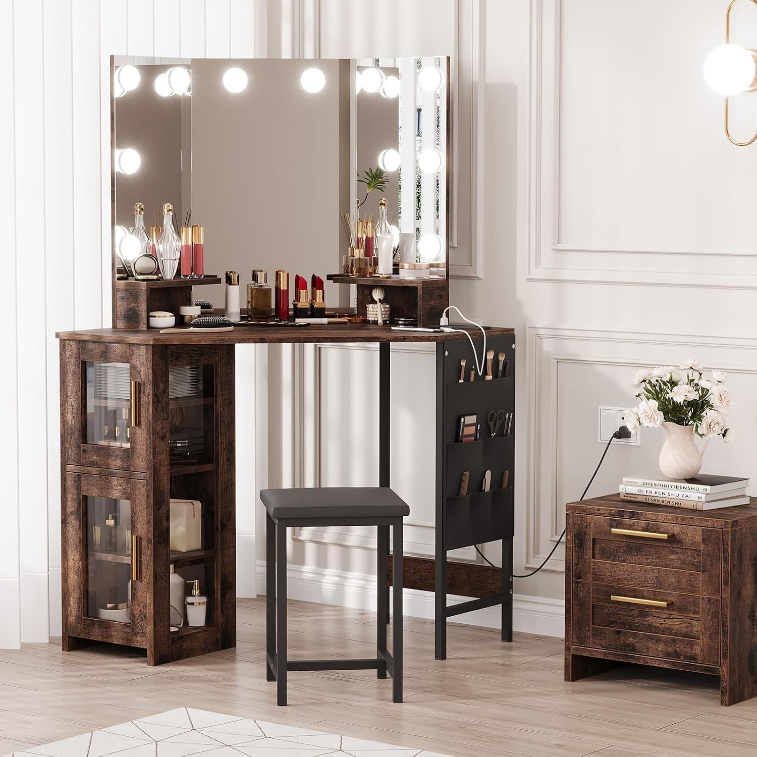 IDEALHOUSE Vanity Desk with Mirror and Lights, 3-Fold Vanity Mirror with Lights Makeup Vanity with Charging Station, Corner Vanity with Acrylic Door Cabinet, Hanging Storage Bag & Stool, Tigerwood
