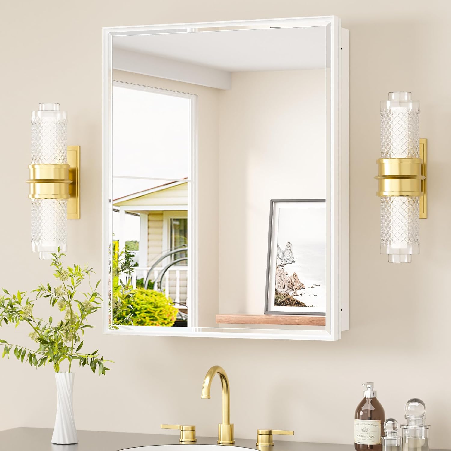 TETOTE Medicine Cabinet 24' x 30' Bathroom Mirror with Storage White Medicine Cabinet with Mirror for Bathroom, Beveled Framed, Adjustable Shelves, Surface Mount or in Wall