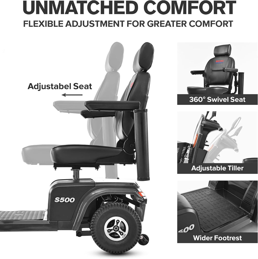 S500 4-Wheel Electric Mobility Scooter, Long-Range 52Ah Battery Up to 25 Miles, 500W Heavy-Duty Motor, 10' Pneumatic Tires, Adjustable Captain Seat, Storage Baskets for Seniors, Gloss Black