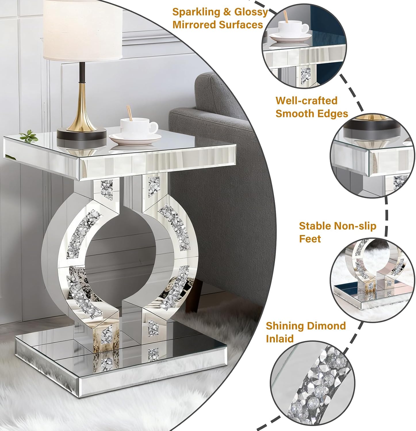 Crushed Diamond Mirrored End Table, Silver Side Accent Table, Small Mirrored Coffee Table for Living Room, Bedroom, 16'x12'x23'