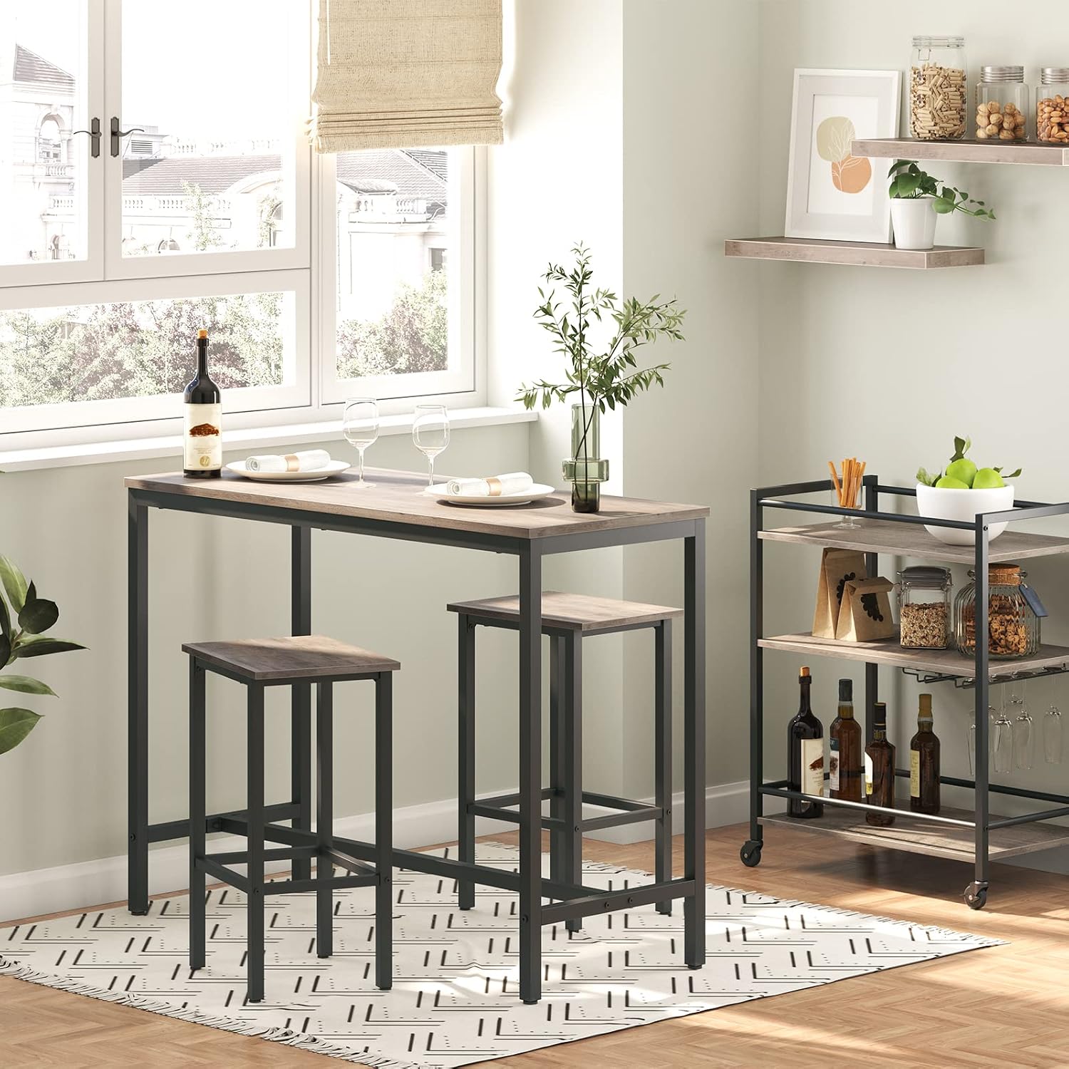 HOOBRO Bar Table and Chairs Set, 47.2' Rectangular Pub Table with 2 Stools for Small Space, High Top Table, 3-Piece Breakfast Set, Sturdy Metal Frame, Easy to Assemble, Greige BG52BT01