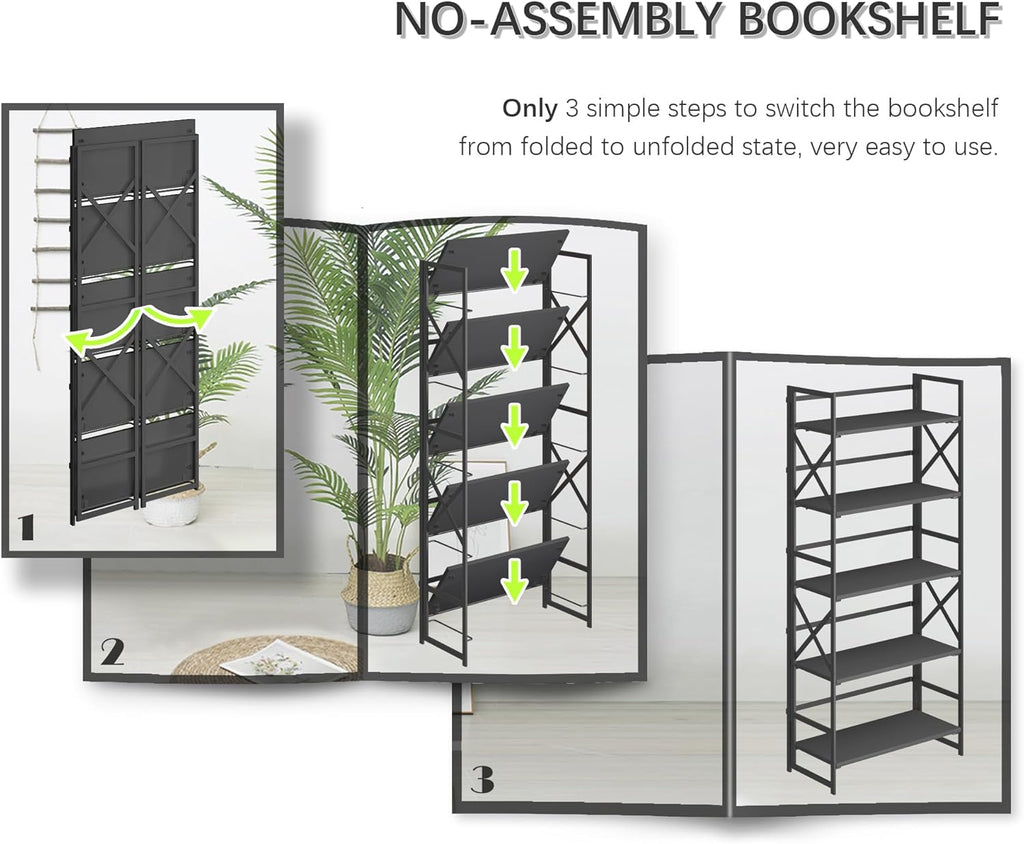 4NM 5 Tiers No Assembly Book Shelves, 51.2' H Folding Bookshelf Bookcase Open Industrial Foldable Shelves for Bedroom, Living Room, Home Office - All Black
