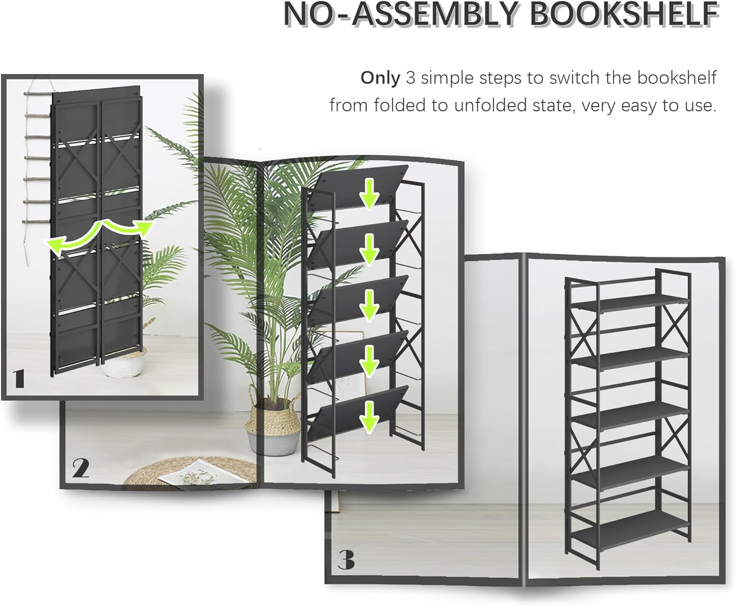 4NM 5 Tiers No Assembly Book Shelves, 51.2' H Folding Bookshelf Bookcase Open Industrial Foldable Shelves for Bedroom, Living Room, Home Office - All Black
