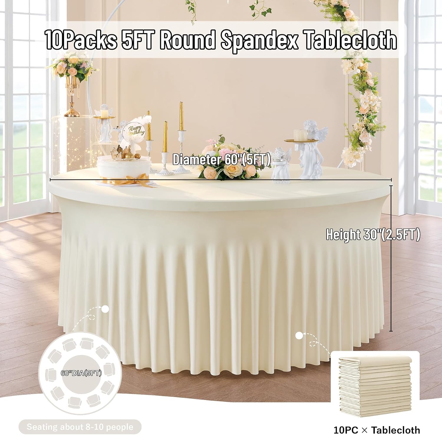 leegleri 10 Pack 60Inch Ivory Spandex Round Tablecloths, Stretchy 120inch Fitted 5FT Round Table Cloths, Wrinkle Free Table Cover with Skirt for Wedding Party Dining Banquet