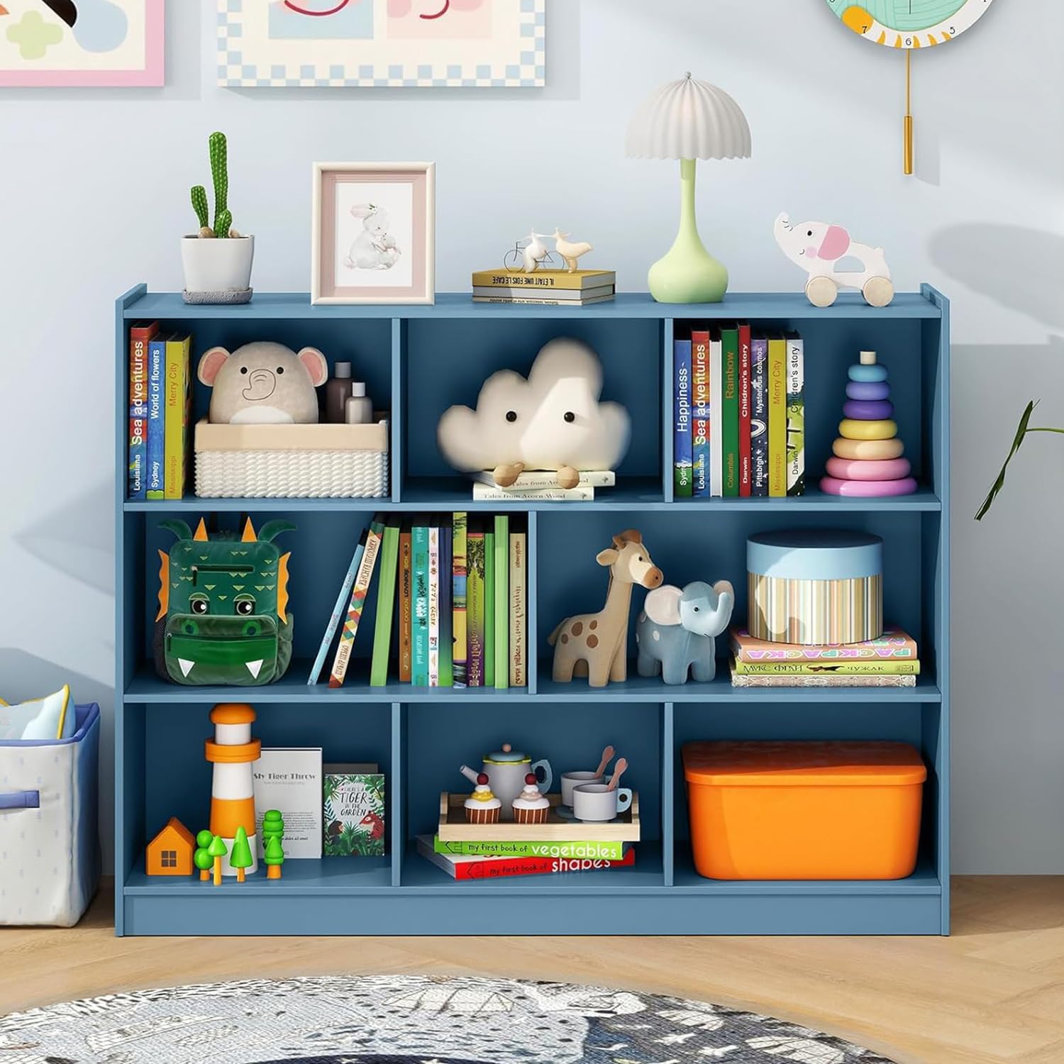 KOTEK Toy Storage Organizer, 5 Cubby Kids Bookshelf, Wooden 3-Tier Bookcase Storage Cabinet, Open Display Book Shelf for Daycare, Nursery, School Classroom, Living Room (Blue, 8 Cubes)