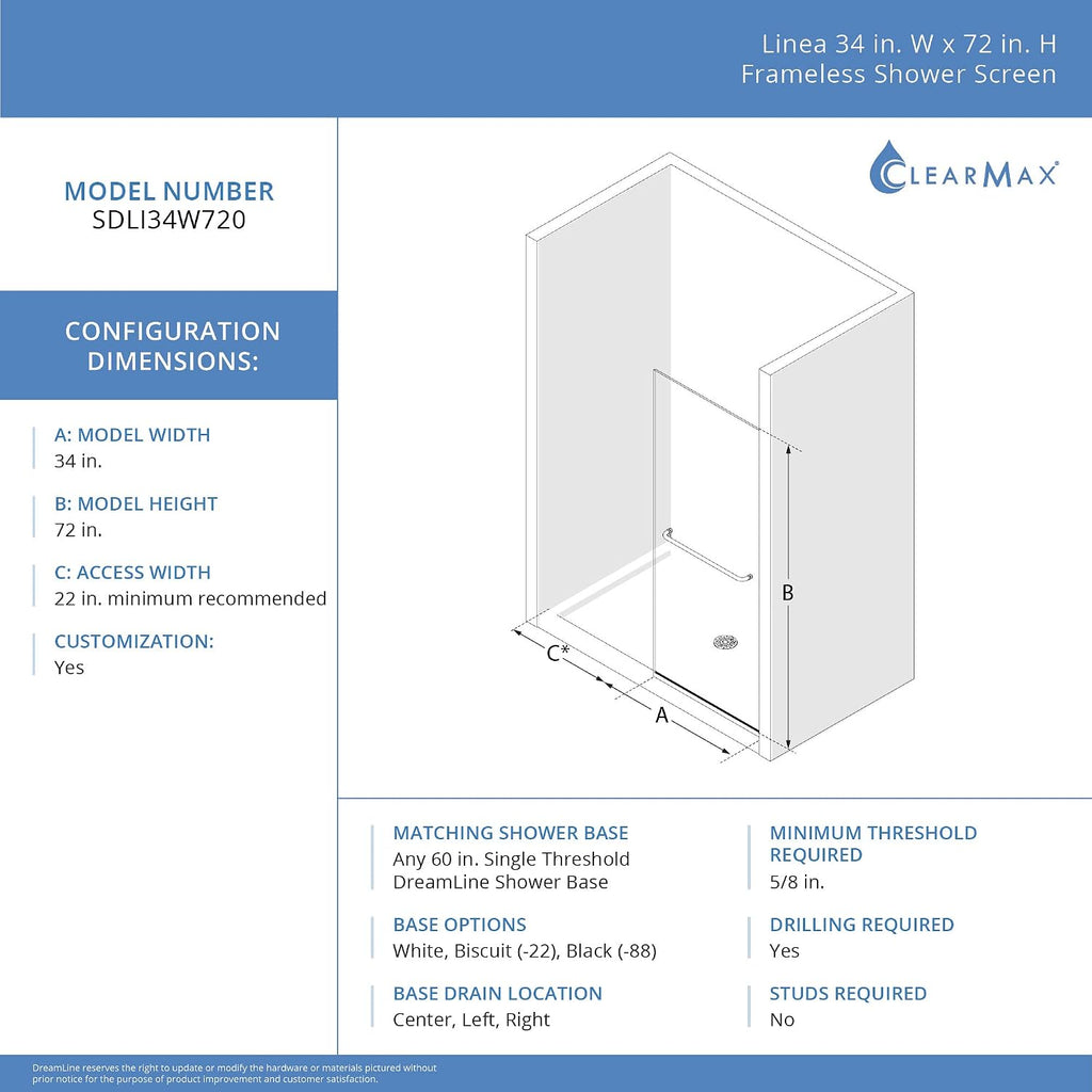 DreamLine Linea 34 inch W x 72 inch H Frameless Fixed Shower Screen in Oil Rubbed Bronze