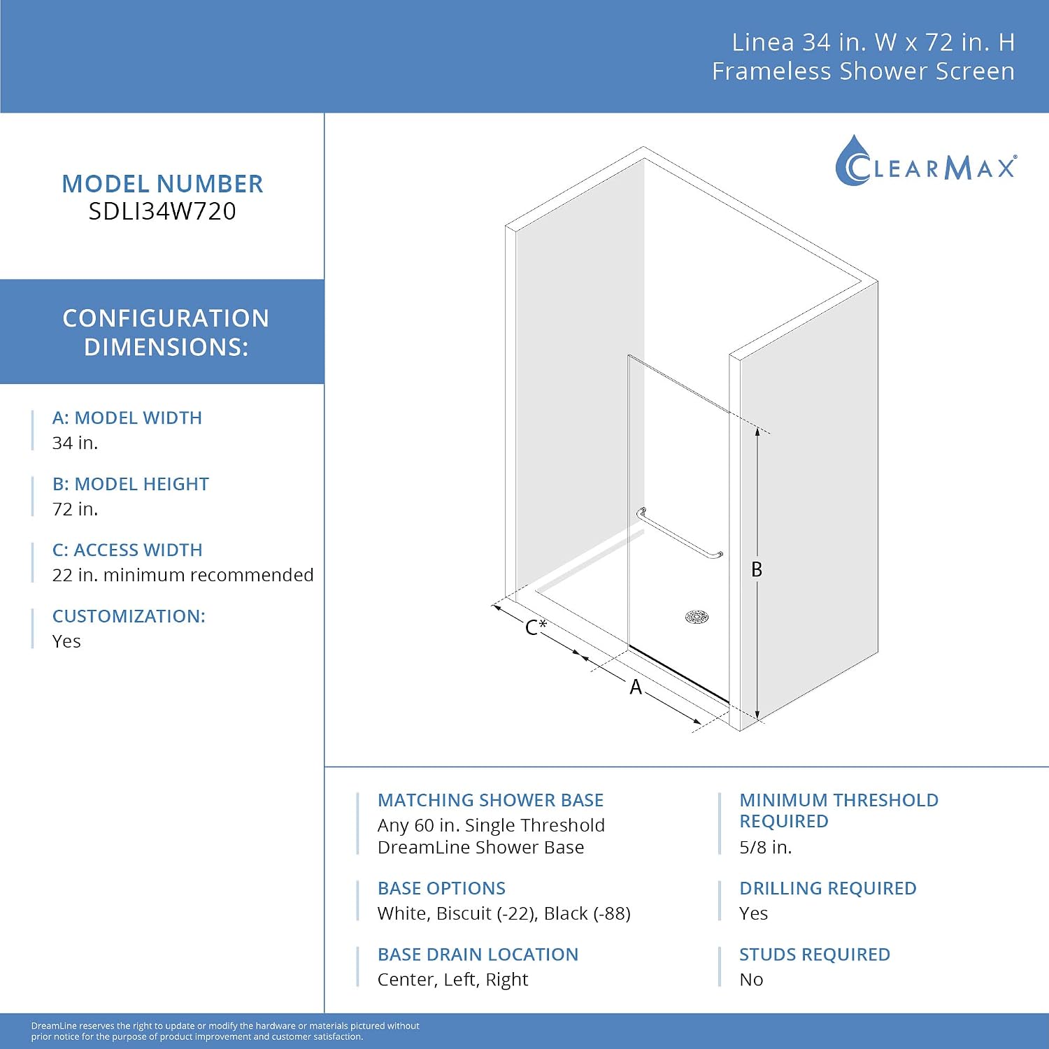 DreamLine Linea 34 inch W x 72 inch H Frameless Fixed Shower Screen in Oil Rubbed Bronze