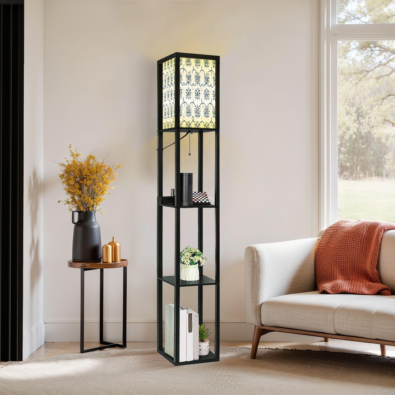 Floor Lamp with Shelves Blue yellow luxury seamless pattern Ornament Traditional Ethnic Standing Tall Lamp USB Ports & Power Outlet Modern Corner Lamp Nightstand Light for Living Room Bedroom