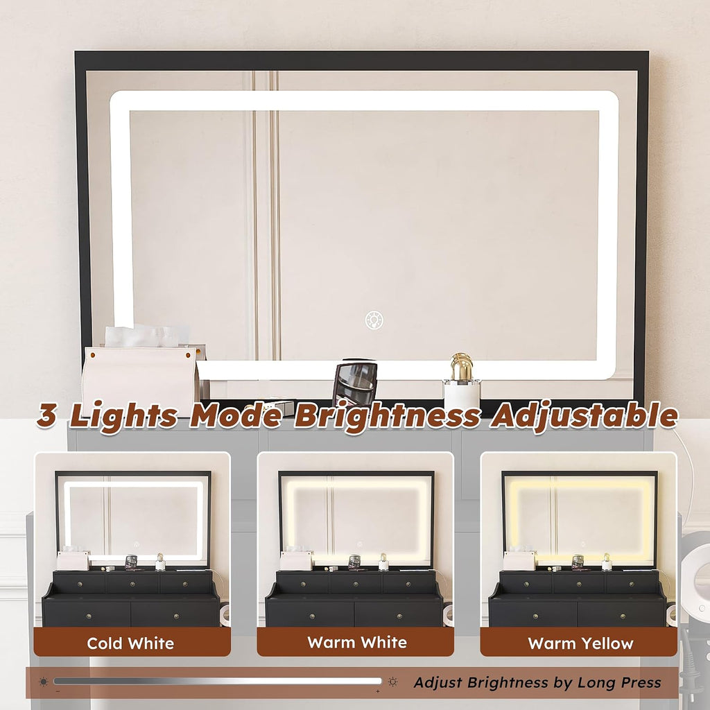 Vanity Desk with LED Light Mirror, Storage Makeup Vanity Table with Stool, 5 Drawers, Hairdryer Holder, Power Outlet, 3 Adjustable Lighting Colors, Dressing Table and Chair for Bedroom, Black