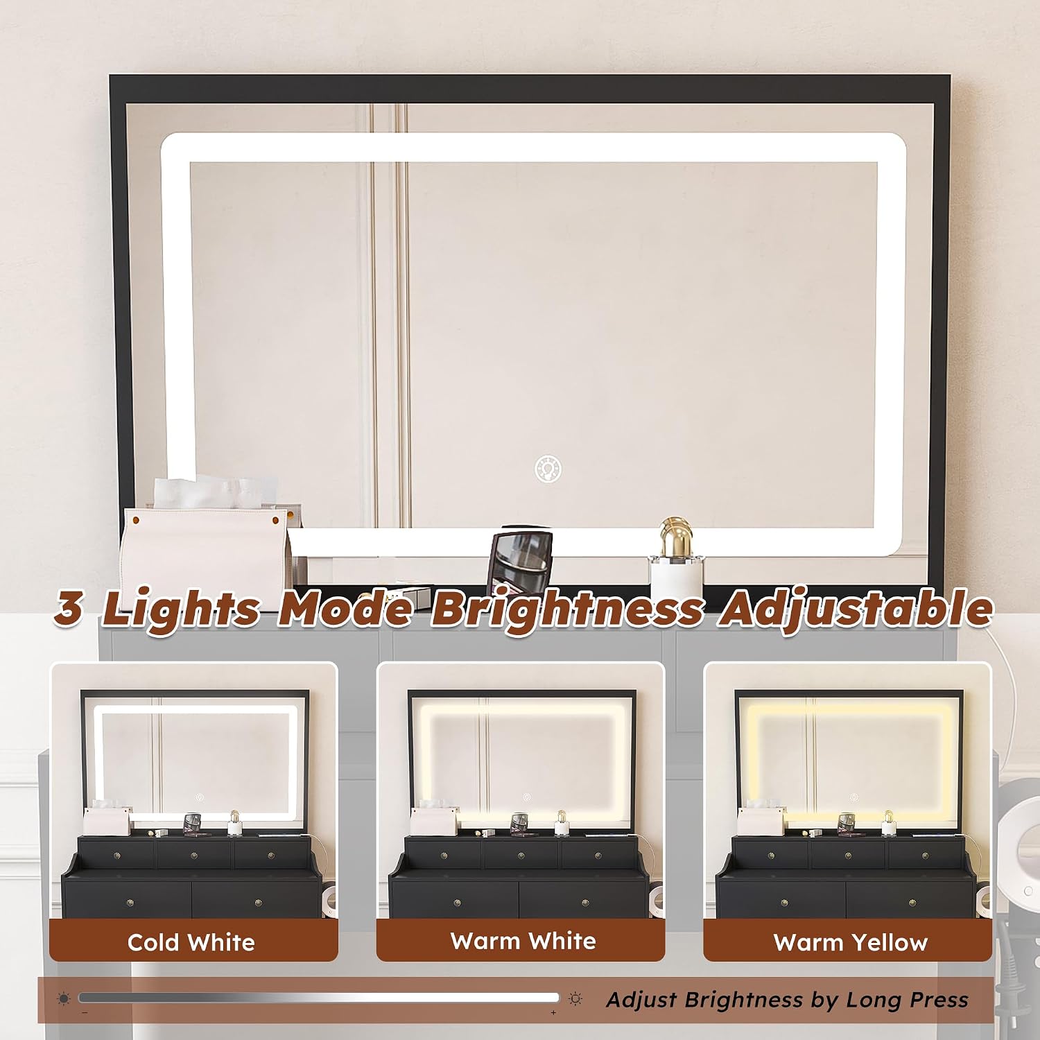 Vanity Desk with LED Light Mirror, Storage Makeup Vanity Table with Stool, 5 Drawers, Hairdryer Holder, Power Outlet, 3 Adjustable Lighting Colors, Dressing Table and Chair for Bedroom, Black