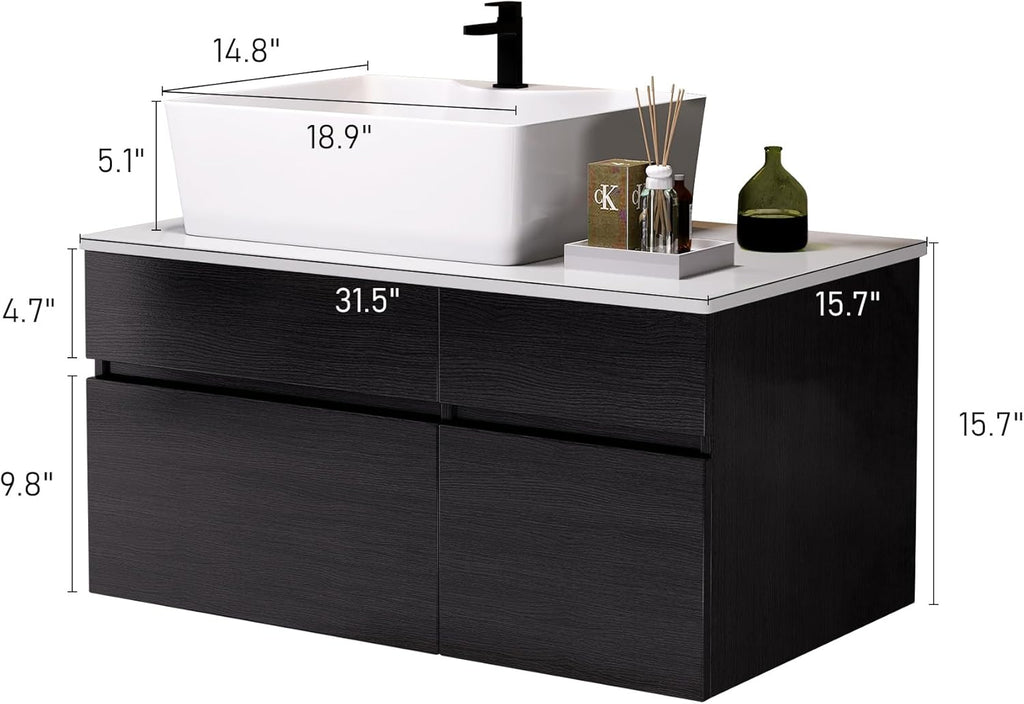31.5' Bathroom Vanity with Ceramic Sink & MDF Top,Floating Vanity Bathroom Sink Cabinet Wall Mount with Hidden Drawers & Soft Closing Cabinet Door for Organizer