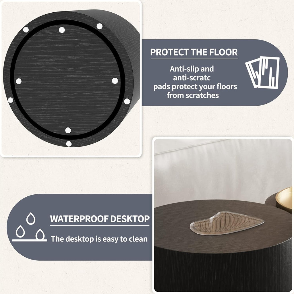 Small Coffee Table Nesting End Table Set of 2, Round Coffee Table Wood Side Table Circle Accent Tables for Small Spaces Living Room Bedroom Balcony Office, Black