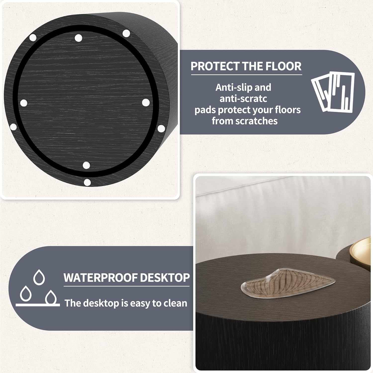 Small Coffee Table Nesting End Table Set of 2, Round Coffee Table Wood Side Table Circle Accent Tables for Small Spaces Living Room Bedroom Balcony Office, Black