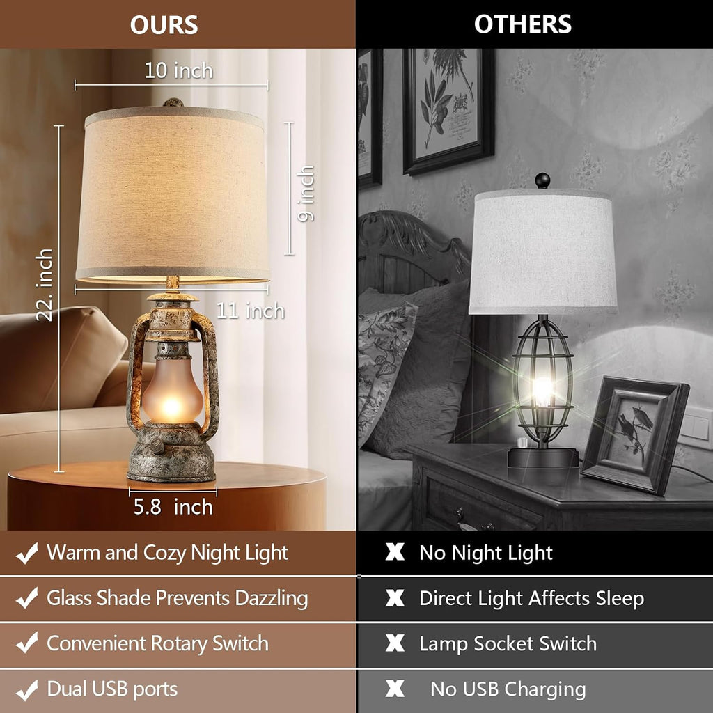 Farmhouse Rustic Table Lamps for Living Room Set of 2, Vintage Lantern Table Lamp with Dual USB Ports, Retro Nightstand Lamp for Bedroom Bedside, 4 Bulbs Included (Iron Gray)
