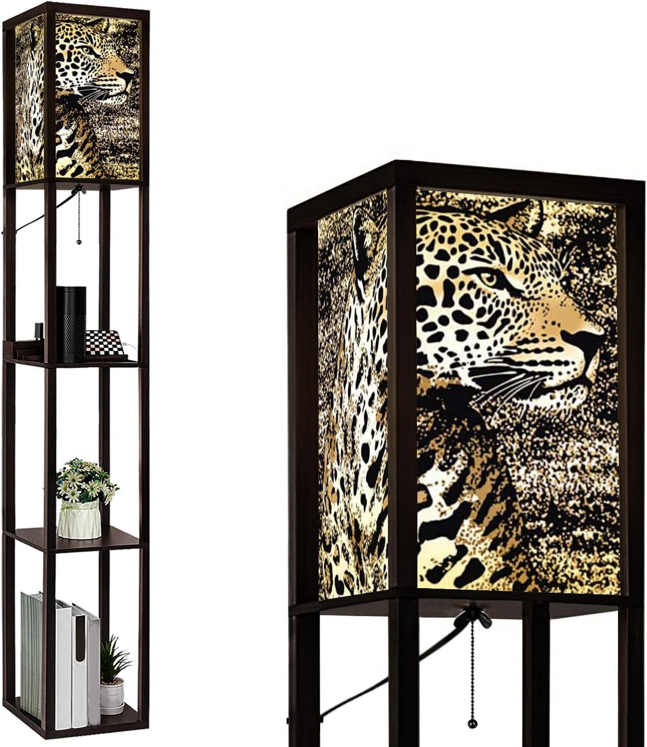 Floor Lamp with Shelves Modern Leopard Animal Zebra Print Leopard Standing Tall Lamp USB Ports & Power Outlet Modern Corner Lamp Nightstand Light for Living Room Bedroom